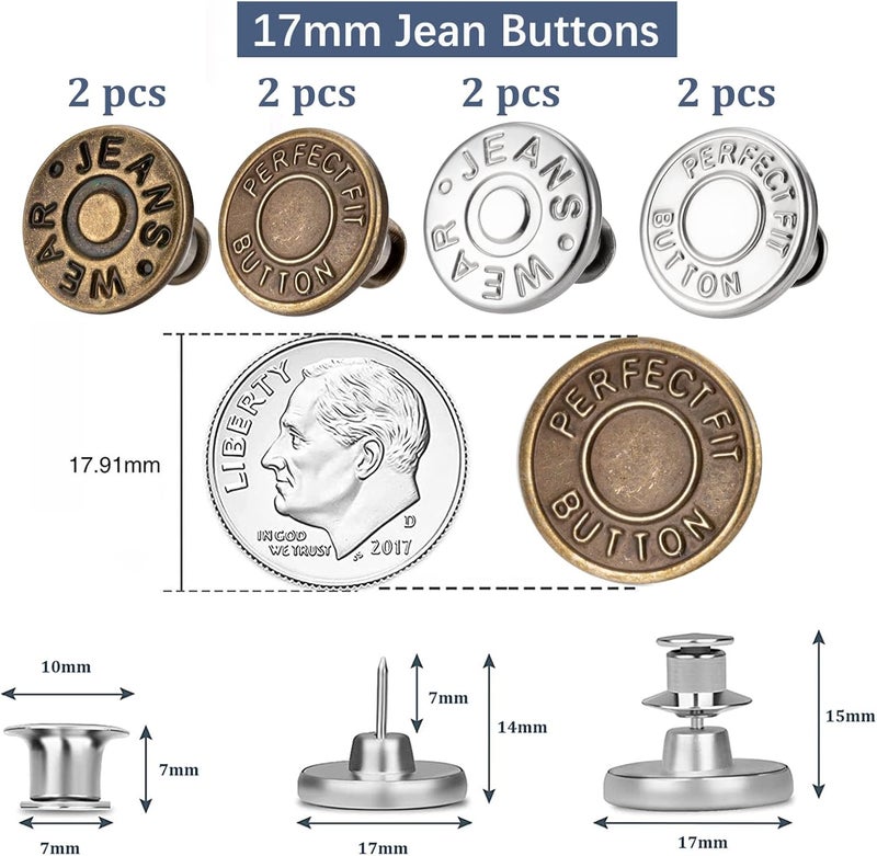 ZENGLU 8 Sets of 17 mm Pants Button Jean Buttons Pins for Loose Jeans, Adjustable Button for Jeans, Reusable and Adjustable Metal Pants Button Tightener - Image 2